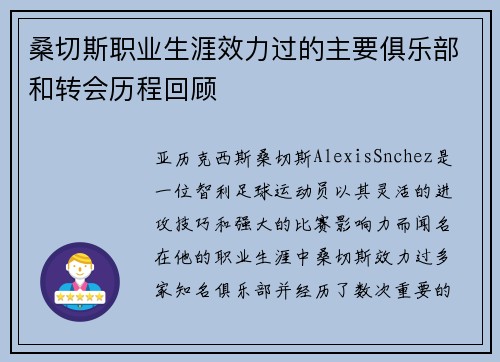 桑切斯职业生涯效力过的主要俱乐部和转会历程回顾