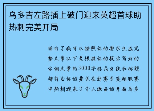 乌多吉左路插上破门迎来英超首球助热刺完美开局