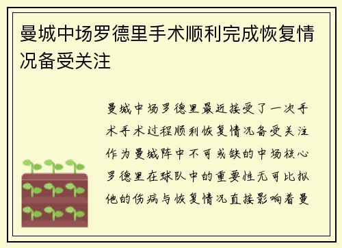 曼城中场罗德里手术顺利完成恢复情况备受关注